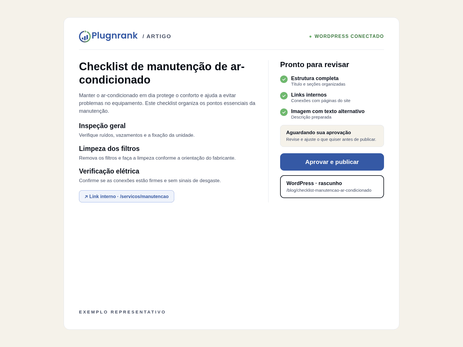 PlugnRank writing view: article assembled with internal links and SEO filled, ready to approve and publish on WordPress